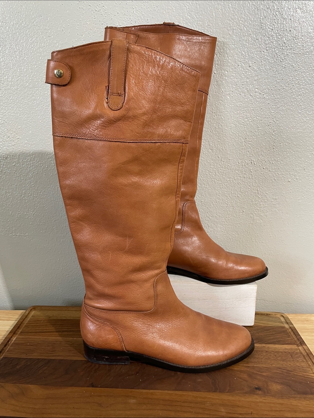 Lauren Ralph Lauren Cognac Leather Riding Boots Zip Equestrian Heritage Sz 8
